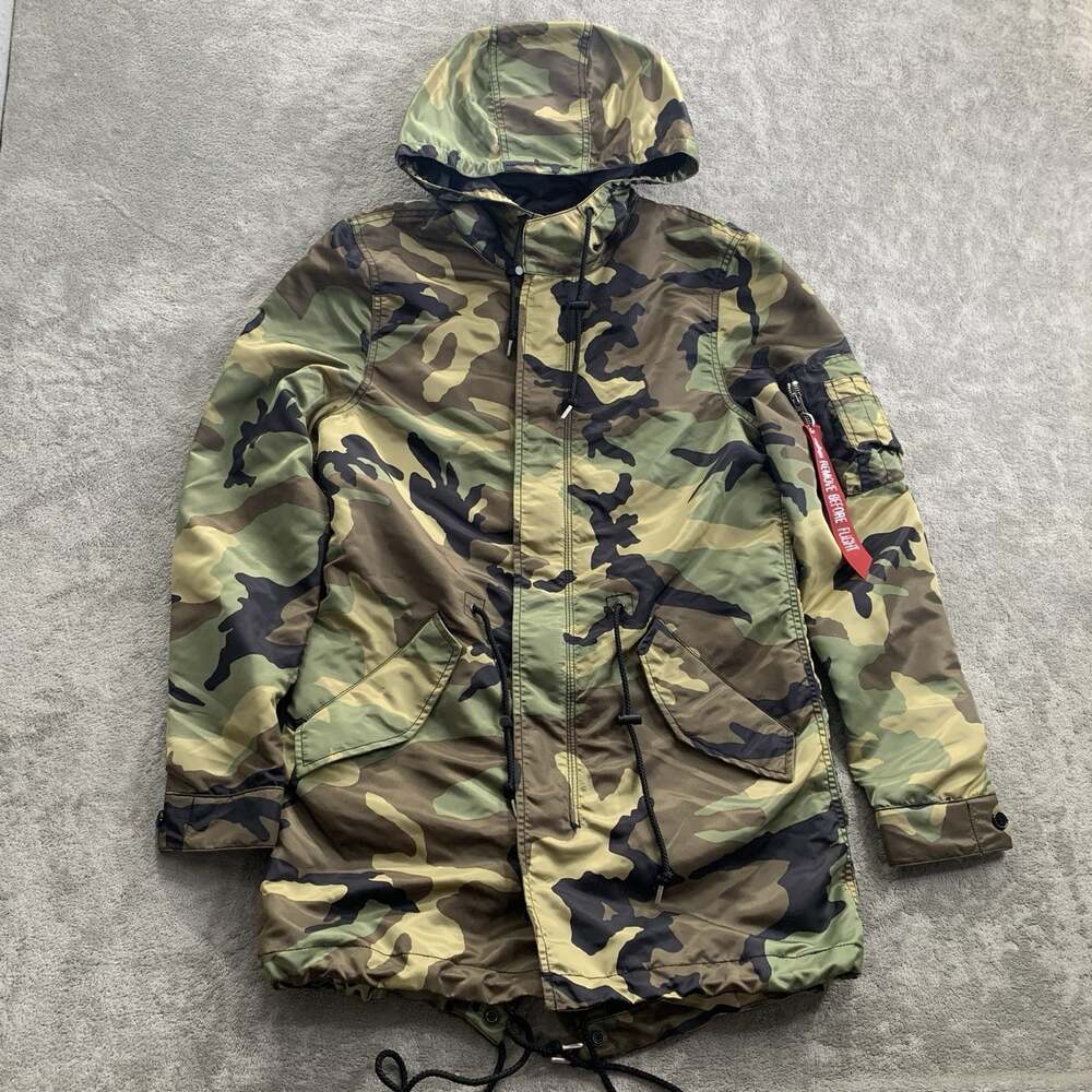 Alpha Industries Fishtail Parka Jacket Mens XS Army Coat Woodland Camo Nylon